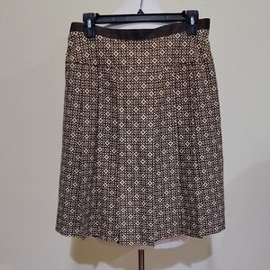 Vintage Anne Klein 100% Silk Pleated Print Skirt Hidden Zip Brown Tan Size 8 P